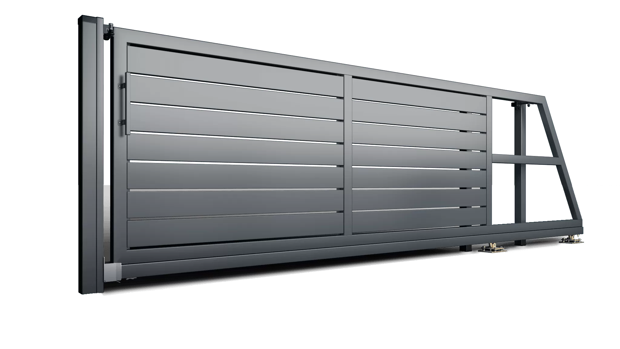 Schwarzes, modernes Einfahrtstor aus horizontalen Aluminiumlamellen auf Schiebetorschiene