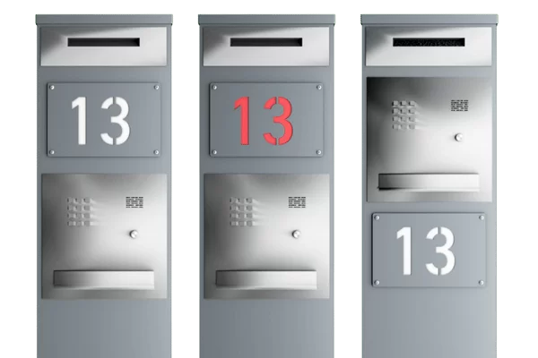 Dreier-Set Briefkasten aus Metall mit Hausnummer 13 in modernem Design