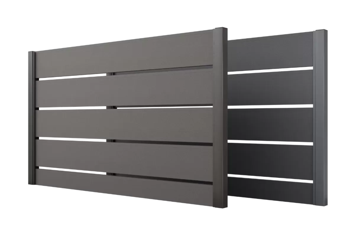 Moderner Lamellenzaun mit breiten grauen Aluminiumlatten