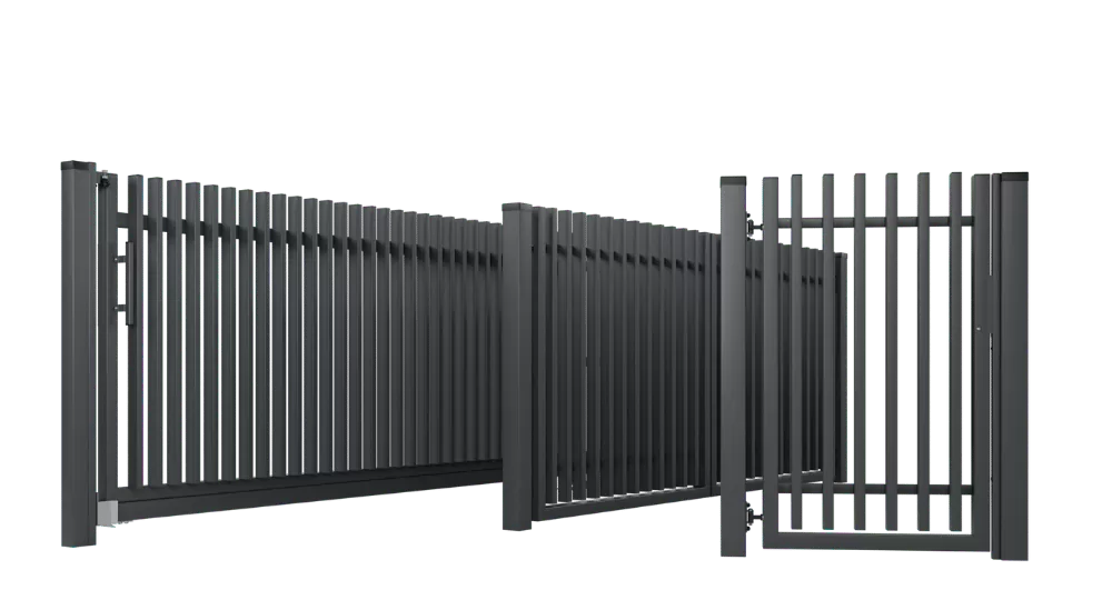 Schwarzes Einfahrtstor aus Aluminiumlamellen mit modernem Design und stabilem Pfosten