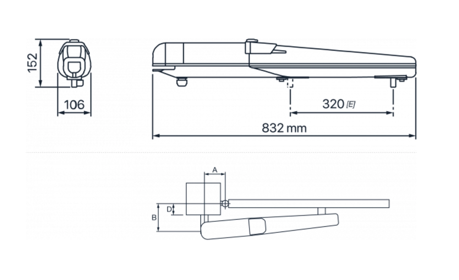 Technische Zeichnung eines Torantriebs mit Längen- und Höhenangaben (832 mm, 152 mm) und Montagemaßen
