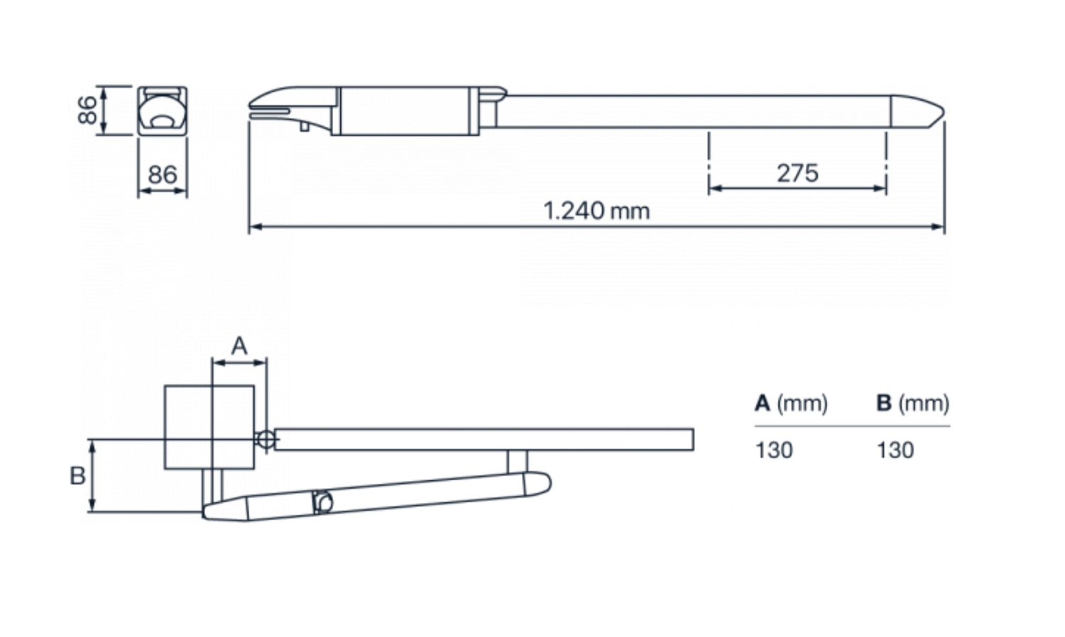 Technische Zeichnung eines Torantriebs mit Abmessungen 1.240 mm Länge, 86×86 mm Querschnitt