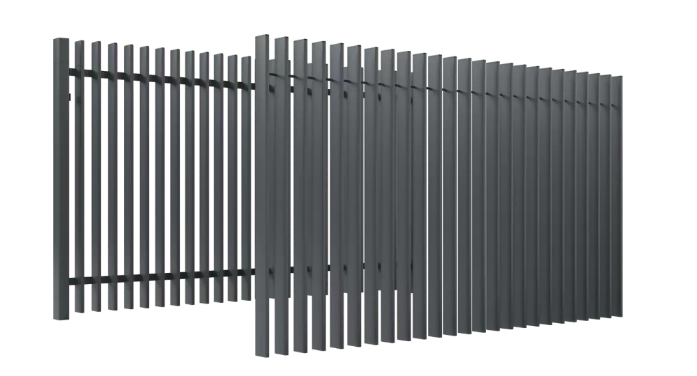 Eckinstallation eines grauen Lamellenzauns aus Aluminiumprofilen