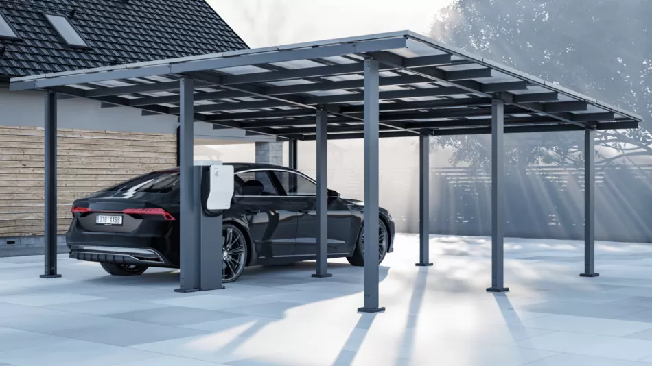 Moderner Carport mit Überdachung und Elektroauto-Ladestation