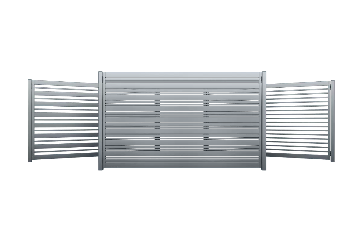Grauer Lamellenzaun mit horizontalen Aluminiumlatten in Studioaufnahme